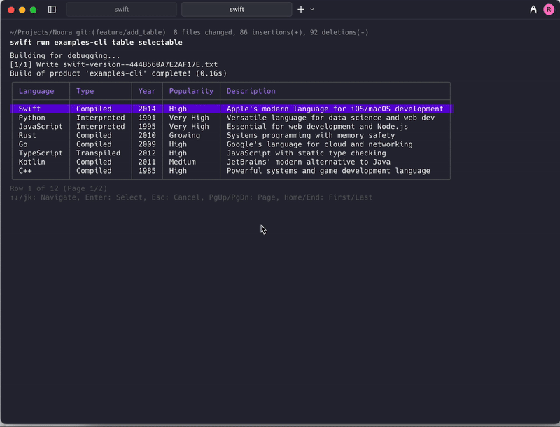 A gif that shows the selectable table component in action